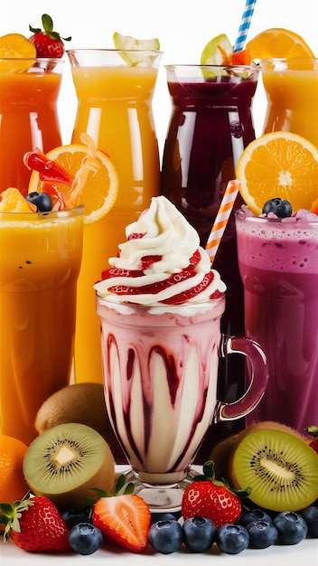 Assorted juices with milkshake and fruits