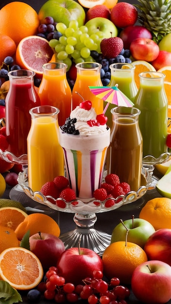 Assorted juices with milkshake and fruits