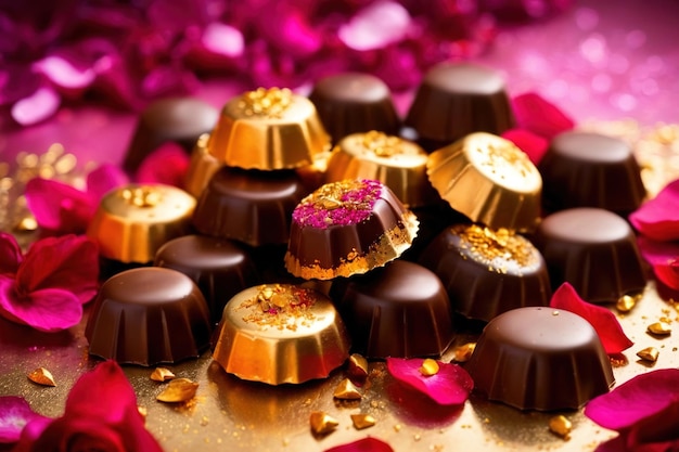 Photo assorted luxury chocolate with gold foil and rose petals