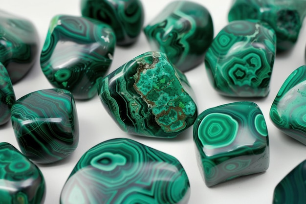 Photo assorted malachite gemstones on white background