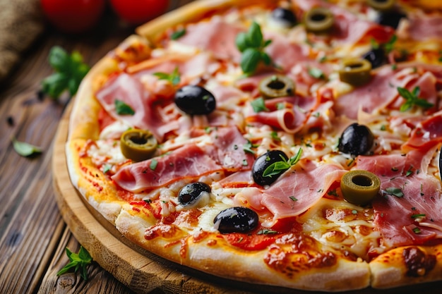 Assorted meat pizza with jamon and olives