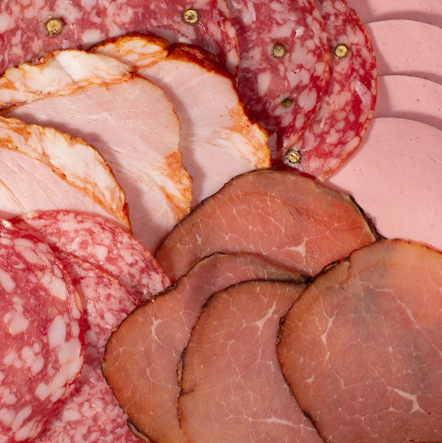 Assorted meat products Big sliced group of meat texture top view