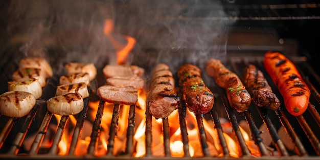 Assorted meats and vegetables grilling over open flame with smoke rising A closeup view Concept Grilled Meats Vegetables Open Flame Smoke Closeup View