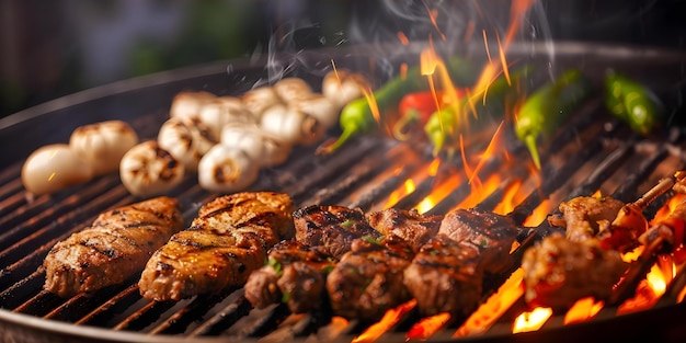 Assorted Meats and Vegetables Grilling Over Open Flame with Smoke Rising Concept Cookout Barbecue Grilling Outdoor Dining Smoke and Flames