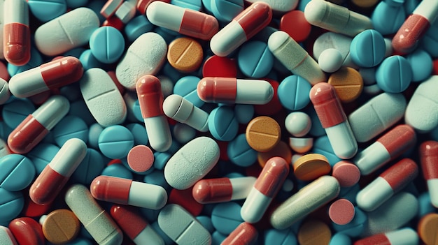 Assorted medication pills and capsules background