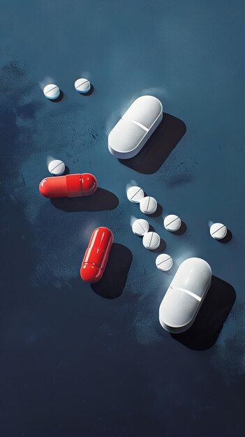 Assorted medication pills on dark surface