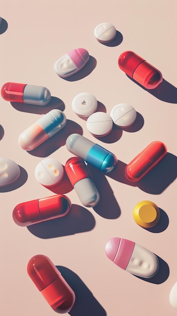 Assorted medication pills on pink background