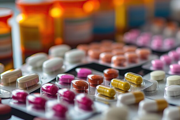 Assorted medication pills and prescription bottles