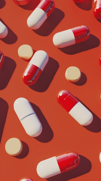 Assorted medicine pills on red background