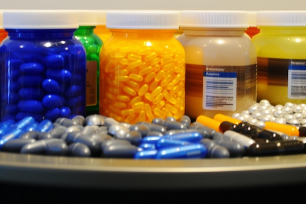 Assorted medicines showcased in a well stocked pharmacy enhancing health and wellness options