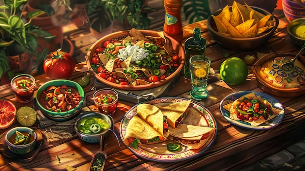 assorted of mexican food with fajitas chili con carne and nachos with avocado beef and cheese