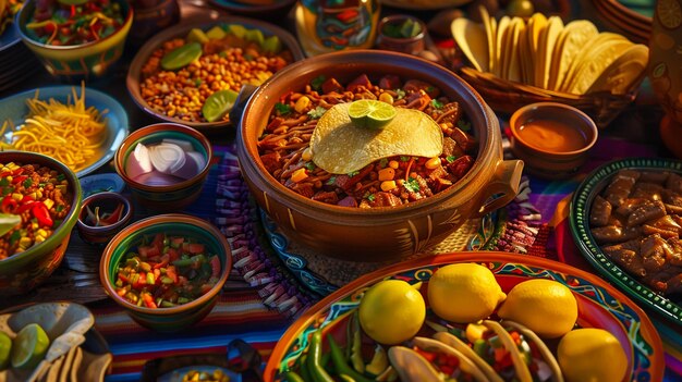 assorted of mexican food with fajitas chili con carne and nachos with avocado beef and cheese