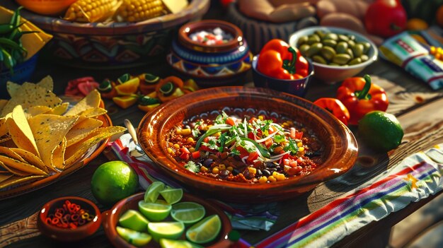 assorted of mexican food with fajitas chili con carne and nachos with avocado beef and cheese