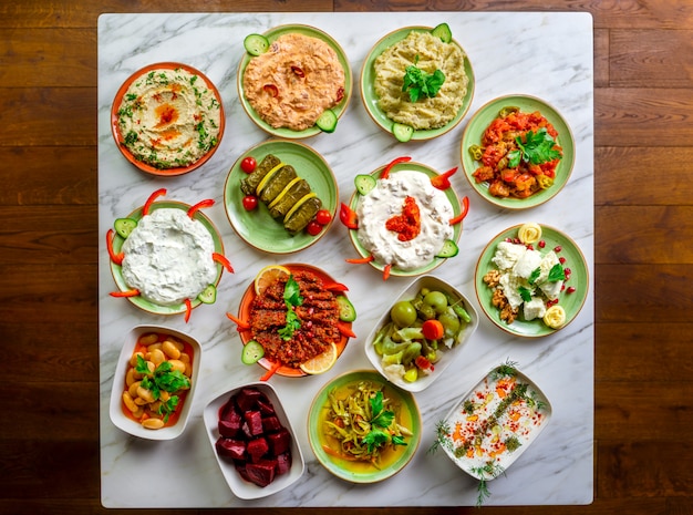 Photo assorted middle eastern appetizers set.