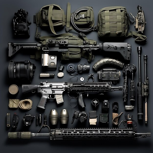 Photo assorted military equipment on black background top view flat lay