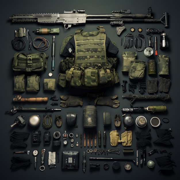 Assorted military equipment on black background Top view flat lay