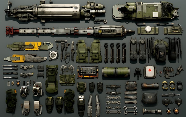 Assorted military equipment on black background Top view flat lay