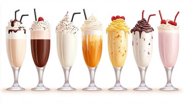 Photo assorted milkshakes and smoothies on white background