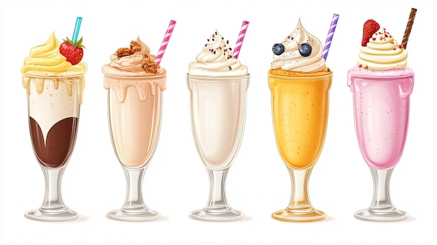 Photo assorted milkshakes and smoothies on white background