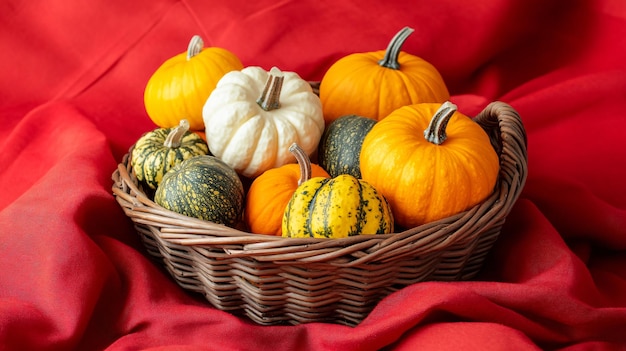 Assorted Mini Pumpkins on Red Fabric Autumn Harvest Decoration