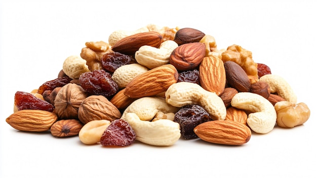 Assorted Mixed Nuts and Dried Fruits on White Background