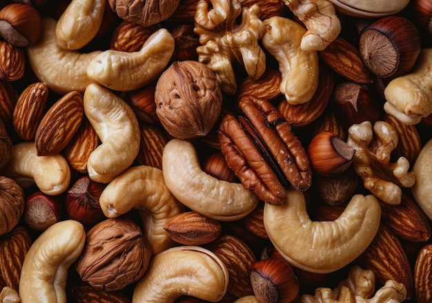 Photo assorted mixed nuts including cashews almonds walnuts and pecans on a wooden background showcasing a variety of textures and colors