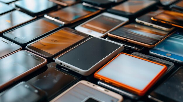 Assorted mobile phones stack on table with various models in background for comparison and selection