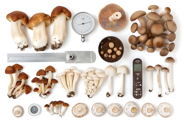 Assorted Mushrooms with Measurement Tools and Spores