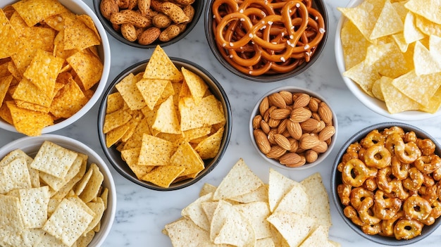 Photo assorted nibbles pretzels crackers chips and nuts