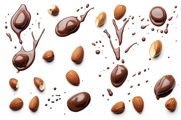 Photo assorted nuts covered in chocolate on white background