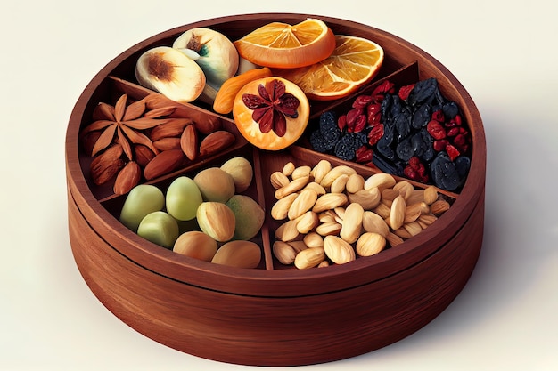 Assorted nuts and dried fruits in a cycle shaped mini different bowls with pecan pistachios almond peanut closeup Generative Ai