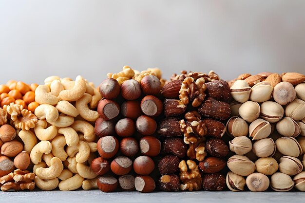 Photo assorted nuts piled on wooden table natural food ingredients