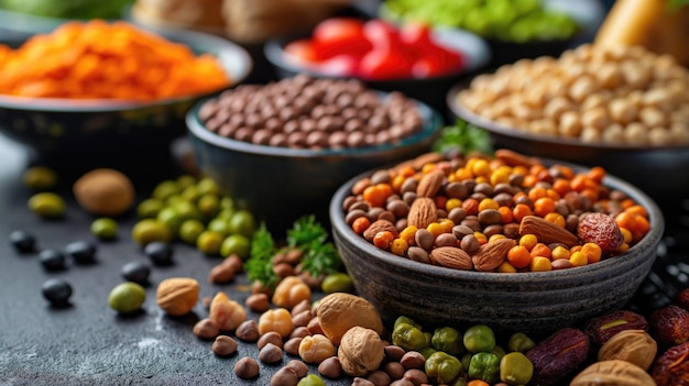 Assorted nuts seeds and legumes in bowls on a table background