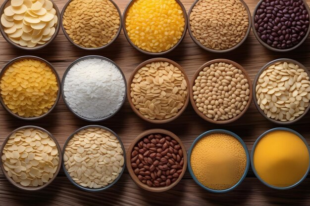 Assorted Organic Grains and Beans in Beautiful Ceramic Bowls Arranged on Rustic Wooden Table