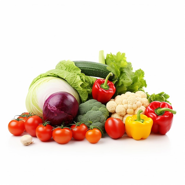 Assorted organic vegetables and fruits in wicker basket isolated on white background