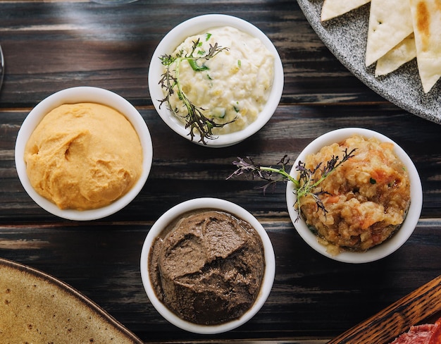 Assorted of oriental food mezze top view