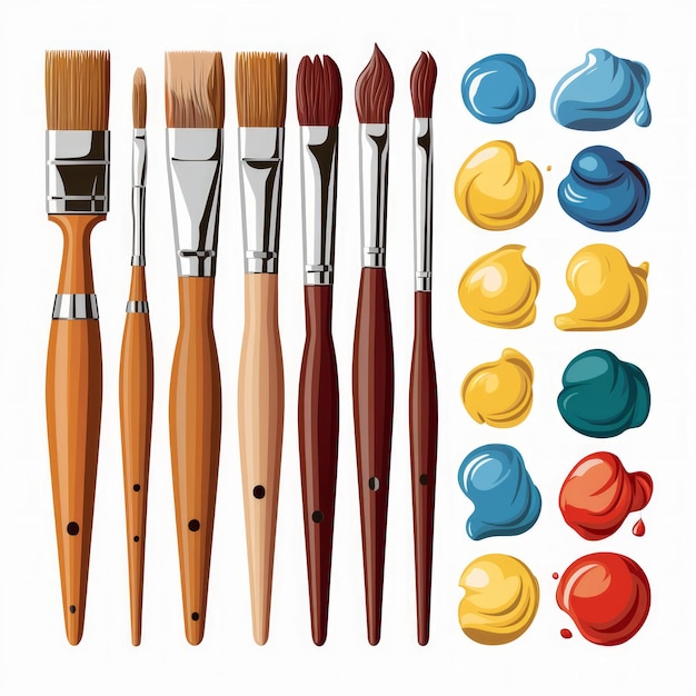 Photo assorted paint brushes and vibrant blue and yellow paint dabs on white background