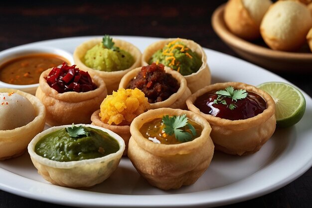 Assorted pani puri with different fillings and chutney