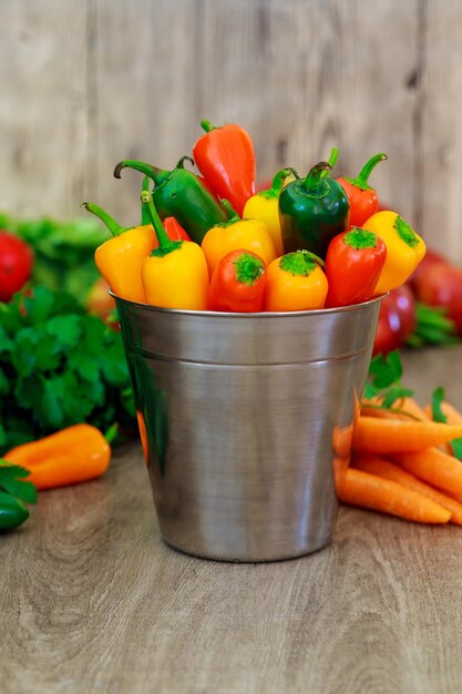 Assorted peppers and chilies in a metal bucket with water droplets Vertical format