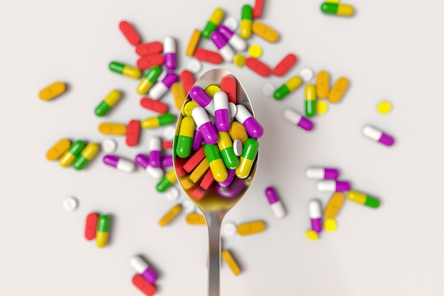 Assorted pharmaceutical medicine pills and tablets spoon. 3D rendering illustration