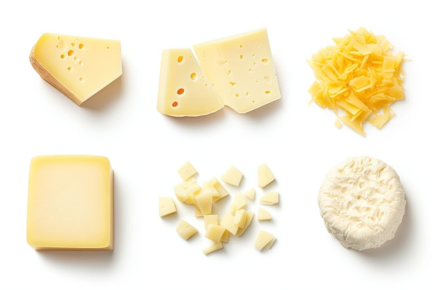 Assorted pieces of cheese including parmesan mozzarella diced grated and soft varieties separated on