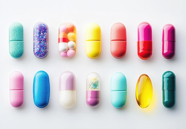 Photo assorted pills in a pile bright and vibrant medication display