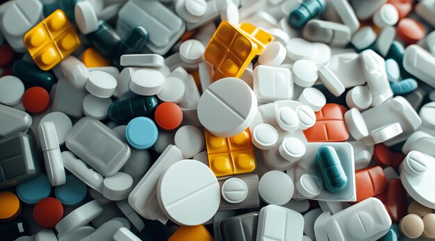 Photo assorted pills in a pile bright and vibrant medication display