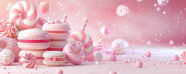 Assorted pink and white macarons and candies arranged on a pastel background with a dreamy whimsical atmosphere