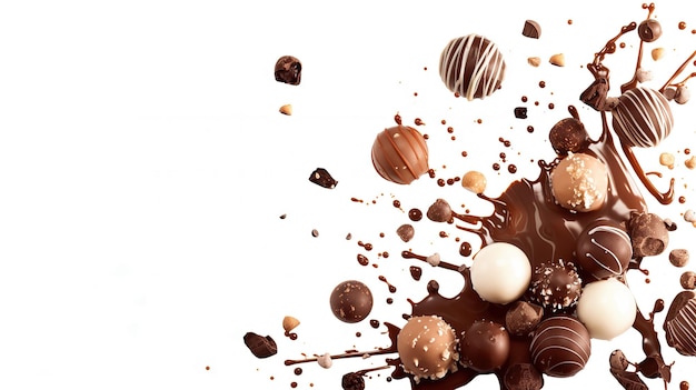 assorted premium chocolate truffles explode splashing liquid choco on white background culinary