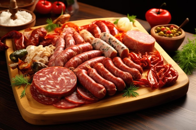 Assorted processed cold meats on a wooden board