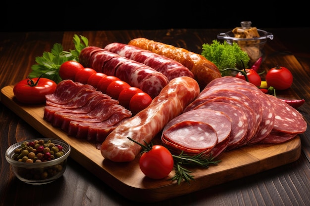 Assorted processed cold meats on a wooden board