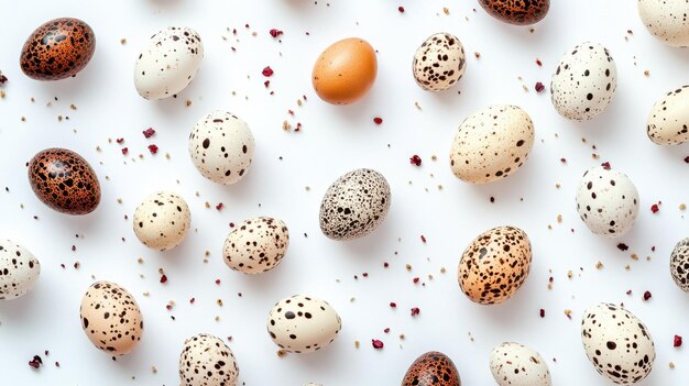 Photo assorted quail eggs pattern on white background