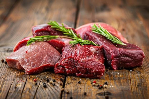 Assorted Raw Beef Steaks on Rustic Wooden Table Premium Cuts of Fresh Meat