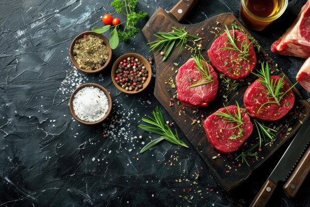 Photo assorted raw beef steaks with seasonings on rustic board